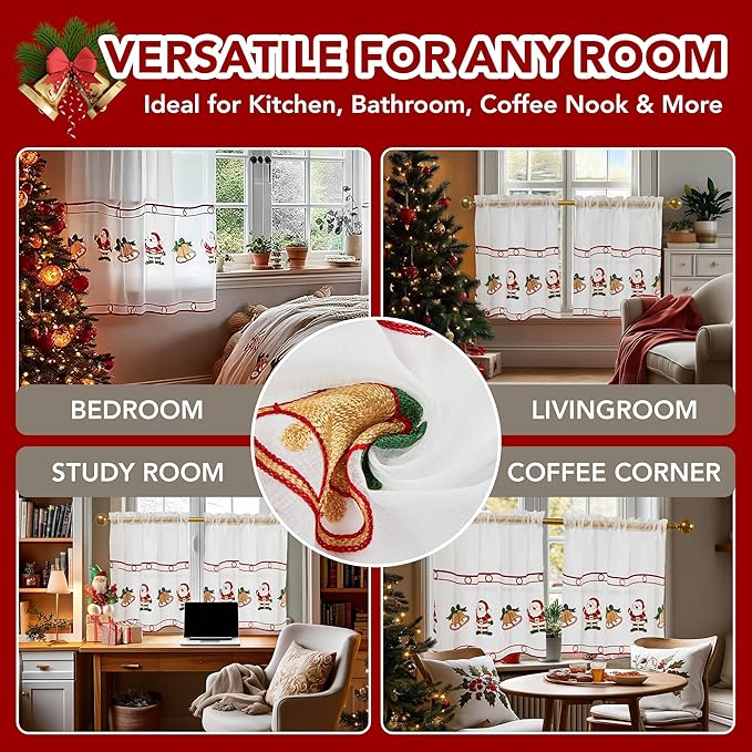 Deconovo Christmas Kitchen Tier Curtains, Embroidered Cafe Tiers, Semi Sheer Window Treatment with Rod Pocket, Light Filtering for Small Windows, Door & Sink Areas, 28W x 24L, Santa Claus, 2 Panels