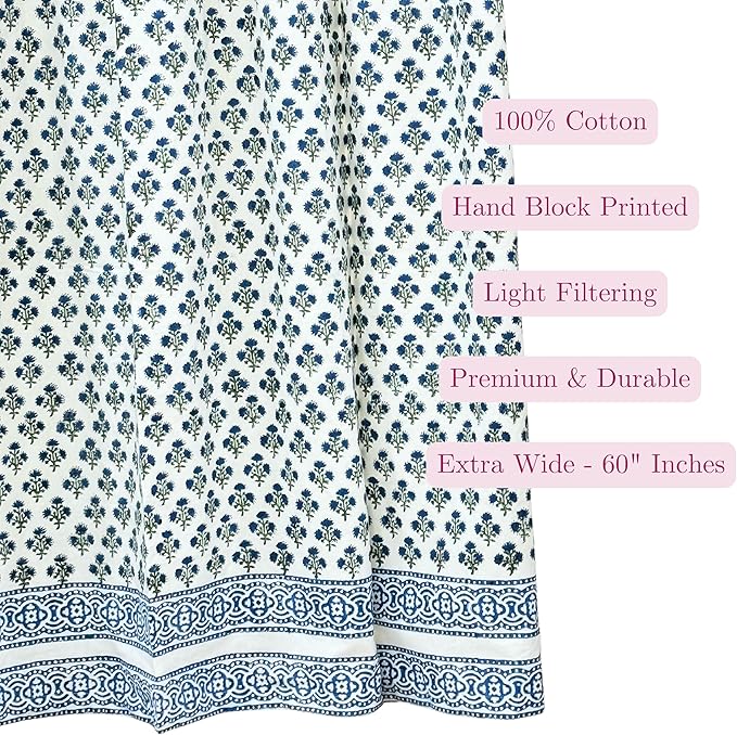 ATOSII 100% Cotton Single Panel Floral Block Print Curtain, Easy Hanging with Rod Pocket & Loop, Living Room, Dining Room, Bedroom Light Filtering Boho Curtains, Set of 1, 60"W X 96"L, Gulbahar Blue