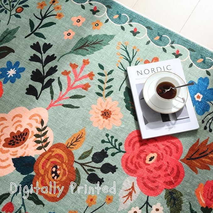 Rugcomf Round Rug 6ft Washable Circle Rug Non Slip Low Pile Boho Floral Small Circular Rug for Bedroom, Bathroom, Entryway, Kids Room, Office, College Dorm(Green)