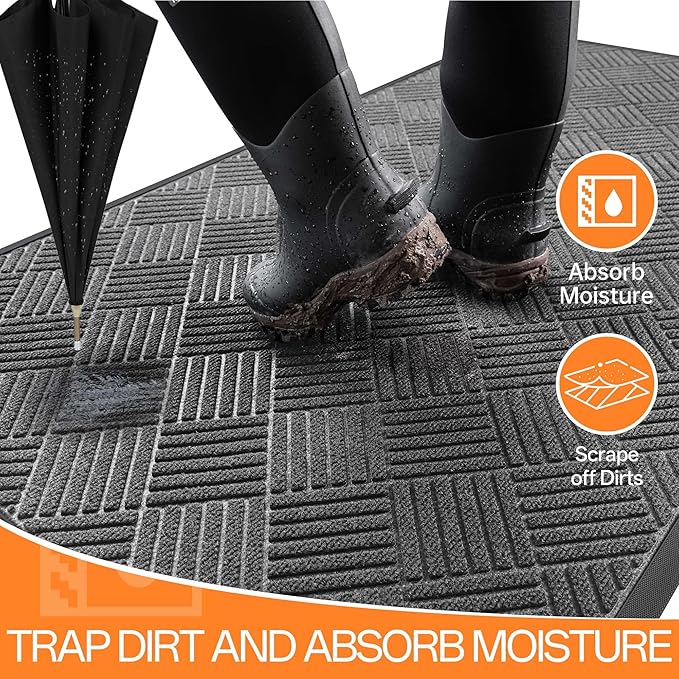 Indoor Outdoor Door Mat, 5’x 3' Doormat for Entryway, Rubber Backing Non Slip Front Door Mat Outside Entrance, Super Absorbent Commercial Floor Mat for Home Office, Gray