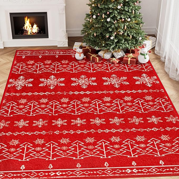 Christmas Area Rug 5x7 Red Washable Kitchen Carpet Xmas Snowflake Holiday Decor Indoor Throw Rug Decorative Living Room Non Slip Soft Low Pile Bedroom Dining Room Office Nursery Bathroom