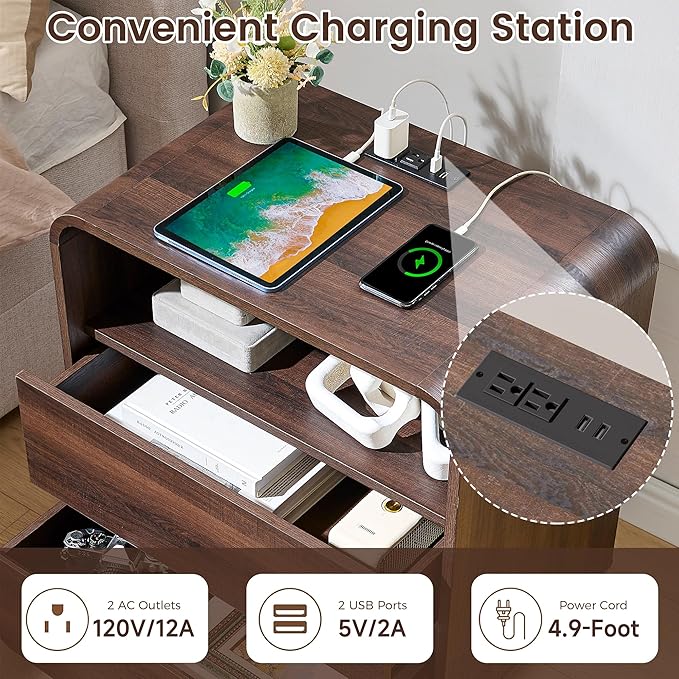 Modern Walnut Nightstand, 25" Tall Wooden Bedside Table with Charging Station, 2 Storage Drawers Side Table Curved Profile, Handleless, Large End Table Night Stand for Bedroom, Office
