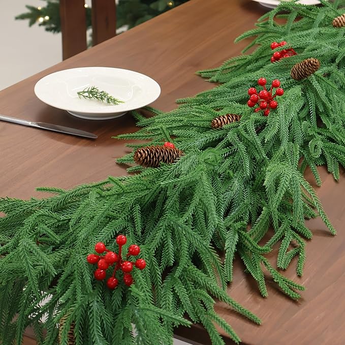 9FT Christmas Garland Real Touch Norfolk Pine Garland Faux Realistic Greenery Garland with Pine Cones and Berries for Mantle Fireplace Stairs Indoor Outdoor Decoration