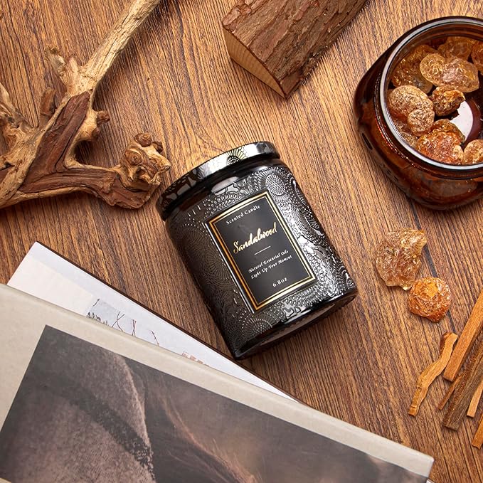 Sandalwood Scented Candle for Home, Luxury Glass Candles Soy Wax for Men and Women, Aromatherapy Candle Gift for Christmas Birthday Mother, 6.8 oz