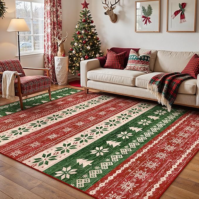 Christmas Red 5x7 Area Rug Washable Living Room Carpet Snowflake Holiday Decor Office Rug Decorative Xmas Non Slip Soft Low Pile Boho Carpet Kitchen Bedroom Dining Room Playroom