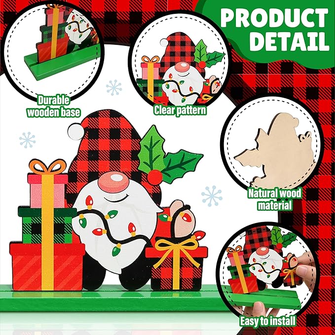 6PCS Wooden Christmas Decorations, Buffalo Plaid Table Decorations, Holiday Centerpiece Signs with Santa, Snowman, Gnome, Believe, Merry Christmas Designs for Festive Tabletop Display