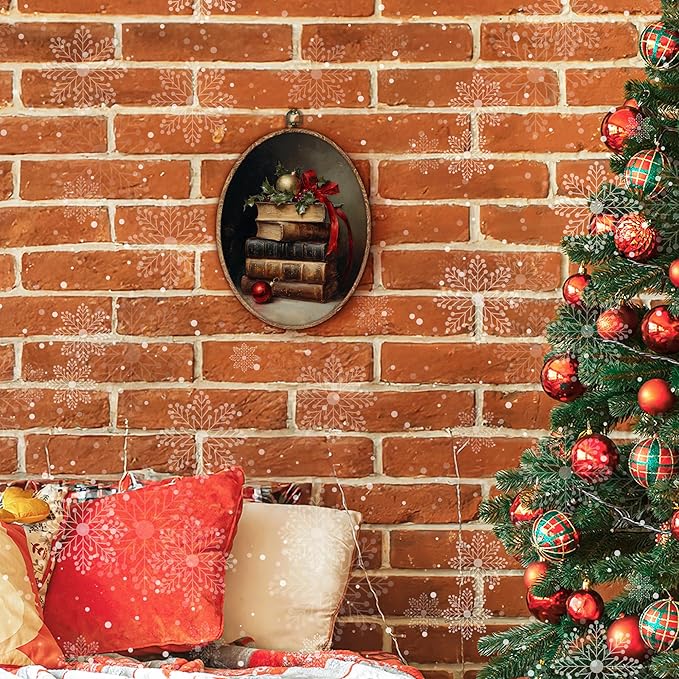 Hxlac Dark Academia Christmas Book Oval Wall Art Framed, Vintage Winter Christmas Oval Wall Decor, Cottagecore Bookish Hanging Canvas Prints Wall Sculptures for Home Reading Room Decor, 8.5x11.5 Inch