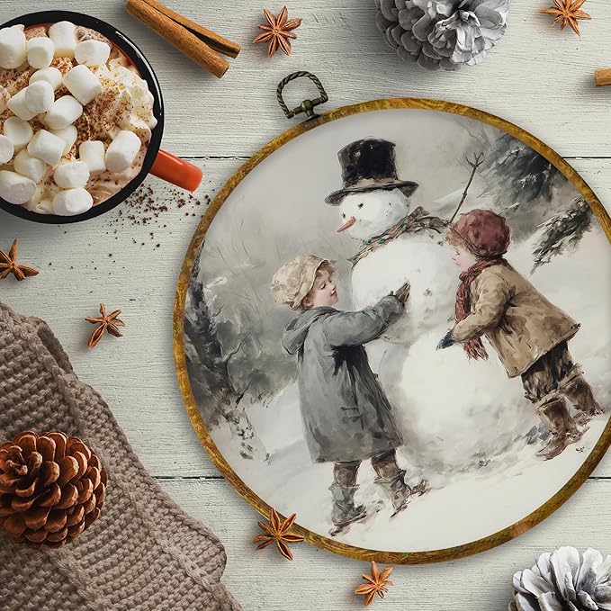 CUANFDDSF Vintage Christmas Snowman Round Wall Art, Rustic Winter Kids Snowman Framed Hanging Wall Decor, Cozy Winter Canvas Prints Decorations for Gallery Home Bedroom Living Room, 10x10 Inch