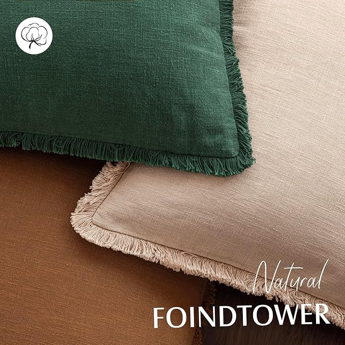 Foindtower Set of 2 Decorative Linen Fringe Lumbar Throw Pillow Covers Boho Farmhouse Cushion Cover with Tassels Soft Accent Pillowcase for Couch Sofa Bed Living Room Home Decor,12×20 Inch,Pine Green