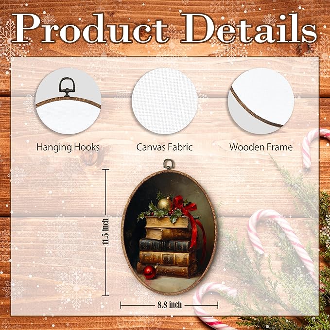 Hxlac Dark Academia Christmas Book Oval Wall Art Framed, Vintage Winter Christmas Oval Wall Decor, Cottagecore Bookish Hanging Canvas Prints Wall Sculptures for Home Reading Room Decor, 8.5x11.5 Inch