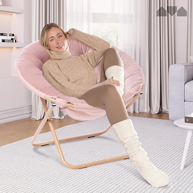 Milliard Cozy Chair/Velour Saucer Accent Chair for Bedroom/X-Large (Pink/Wood-Tone)