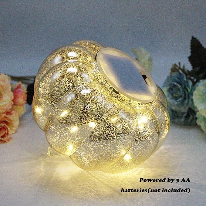 Fall Decor-Fall Decorations for Home Mercury Glass Pumpkin Light with Timer,Battery Operated Led Pumpkin Light,Ideal for Halloween Decoration, Thanksgiving Rustic Decor, Xmas Décor (Silver2)