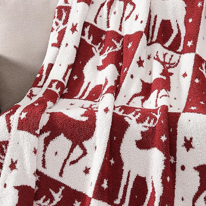 WRENSONGE Checkered Throw Blanket, Red Deer Pattern, Soft Cozy Fluffy Warm Hand Made Throw Blankets for Couch, Sofa, Chair, Bed, Camping, Picnic, Travel Lightweight Bed Blanket - 50"*60"