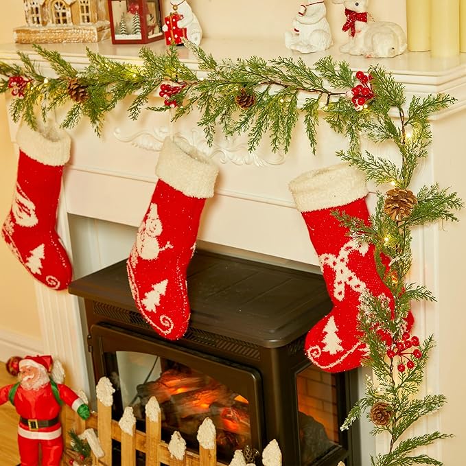 Brightown Christmas Garland with Lights, 6Ft 20 LED Lighted Cypress Leaves Garland Decorated with Pine Cones, Berry, Battery Operated Christmas Lights for Mantle Fireplace Stairs Wall Table, 2 Pack