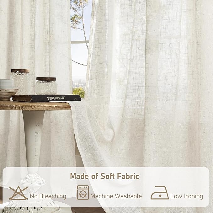LAMIT Natural Linen Semi Sheer Curtains 45 Inch, Light Filtering Neutral Window Curtains for Bedroom Farmhouse Boho Back Tab and Rod Pocket Panels, Natural Cream Ivory, 2 Panels, 38 x 45 Inch