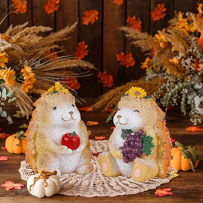 Lulu Home Fall Decorations for Home, 2 Packs Harvest Hedgehog Resin Sculpture with Maple Leaves & Fruits, Autumn Tabletop Ornaments Craft Decor for Thanksgiving and Fall Season