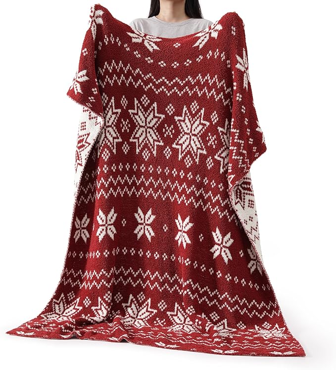 WRENSONGE Checkered Throw Blanket, Red Snowflake Pattern, Soft Cozy Fluffy Warm Hand Made Throw Blankets for Couch, Sofa, Chair, Bed, Camping, Picnic, Travel Lightweight Bed Blanket - 50"*60"