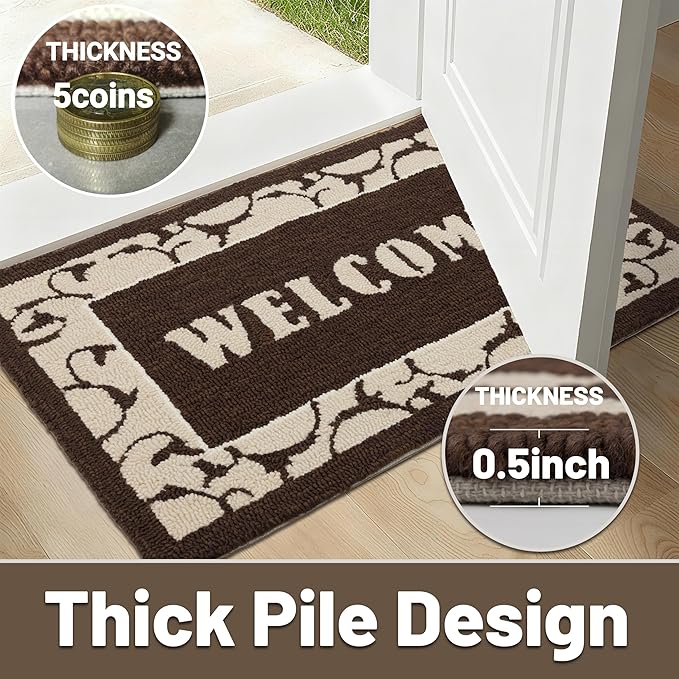 20"x32" Thick Entryway Indoor Mat, Dirt Trapping Door Mat, Americana Feel Hooked Rug, Heavy Duty Door Mat Outside Entrance, Shoe Scraper, Welcome Mat for Front & Back Door, Brown