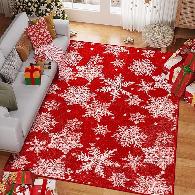 Red Area Rug 5x7 Christmas Living Room Carpet Snowflake Washable Kitchen Mat Xmas Holiday Decor Non Slip Entryway Carpet Indoor Accent Rug Decorative for Dining Room Bathroom