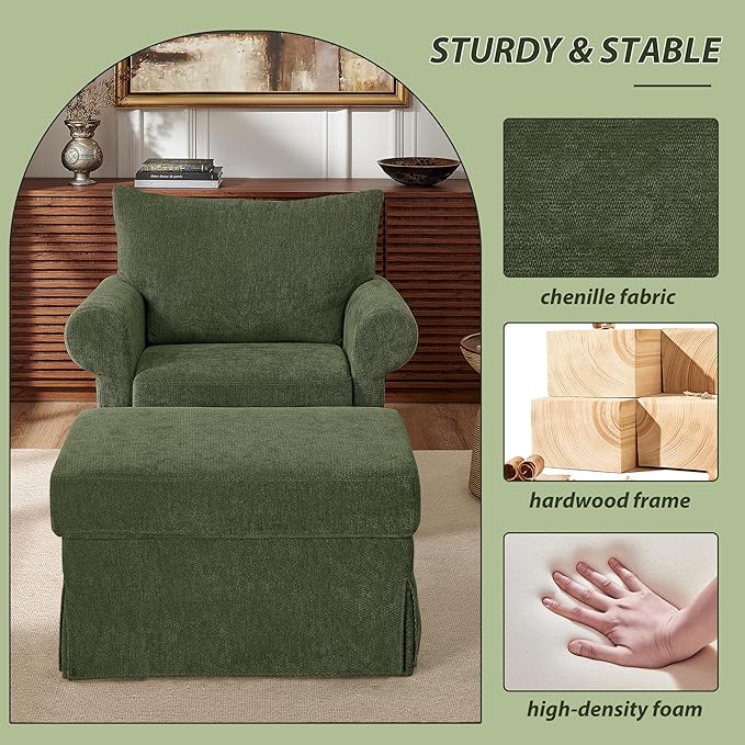 Modern Living Room Chairs with Ottoman, Comfy Chenille Reading Armchair with Rolled Arms and Cushion Backrest, 35.8" W Oversized Chaise Lounge Chair for Bedroom, Study, Apartment, Green