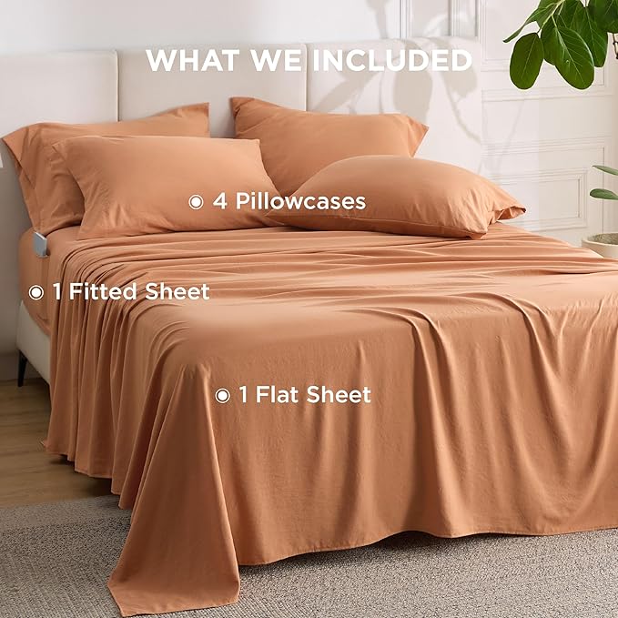Bedsure Deep Pocket Queen Sheets - 6 Piece, Prewashed Ultra-Soft Queen Sheet Set, Fits Mattresses Up to 18 Inches Thick, Breathable & Secure Fit, Hotel Luxury Bedding, Burnt Orange