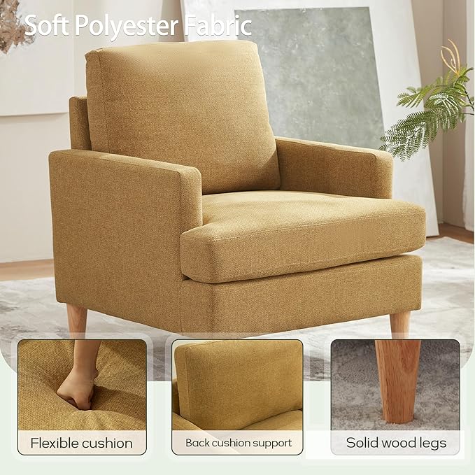 VKNOW Mid-Century Accent Chair, Modern Upholstered Chenille Armchair for Living Room,Comfy Reading Accent Chairs with Wood Legs for Bedroom, Yellow Polyester