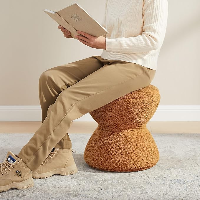 Multi-Functional Boucle Ottoman, Vanity Stool Chair, Sturdy Rotating Wooden Footstool, Suitable for Living Room, Bedroom, and Entryway, Without Installation, Swivel, Curry