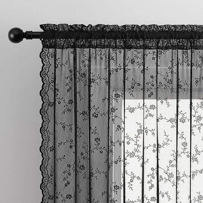 Black Lace Curtains 84 Inches Long, Vintage Floral Light Filtering Sheer Halloween Curtains for Living Room & Bedroom, Rod Pocket, 2 Panels Set, Branch Pattern (Black, 52" W x 84" L)