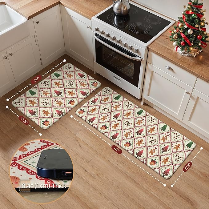 GENIMO Christmas Decorations - Kitchen Mats for Floor, 2PCS Christmas Kitchen Rugs, Cushioned Anti Fatigue Mat for Home Decor, Waterproof Non Slip Standing Mat for Laundry, 17.3"x47"+17.3"x30", Red