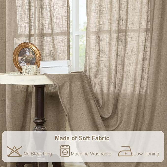 LAMIT Taupe Linen Curtains 90 Inch for Living Room, Back Tab and Rod Pocket Linen Textured Farmhouse Curtains Light Filtering Drapes for Bedroom/Dining Room, Set of 2, 52 x 90 Inch