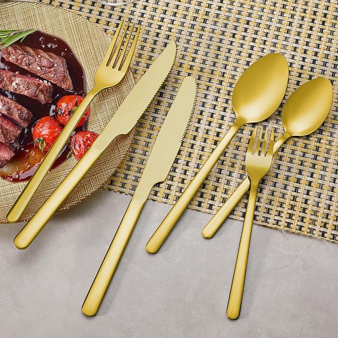 24 Pcs Gold Silverware Set with Steak Knives, Food-Grade Stainless Steel Flatware Cutlery Set for 4, Mirror Polished Tableware Eating Utensils Set for Kitchen, Knife Fork Spoon Set, Dishwasher Safe
