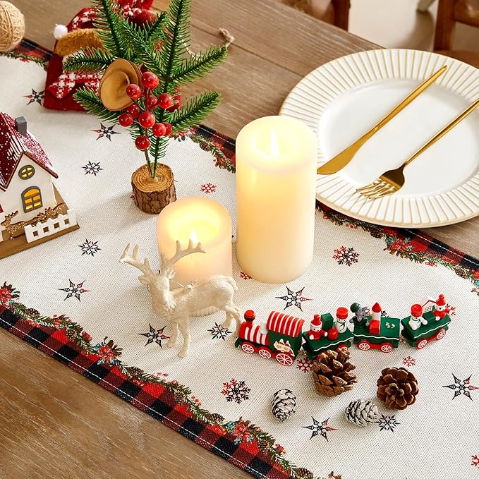 Christmas Table Runner - Xmas Tree Snowflakes Pine Needles Winter Holiday Decorative Farmhouse Table Decorations for Kitchen Dinning, Indoor Outdoor Dinner Party Decor 13x72 Inch