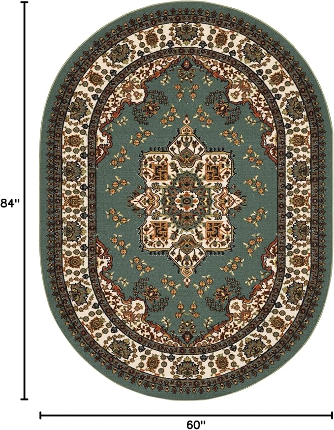 Antep Rugs Alfombras Oriental Traditional 5x7 Non-Skid (Non-Slip) Low Profile Pile Rubber Backing Indoor Area Rugs (Green, 5' x 7' Oval)