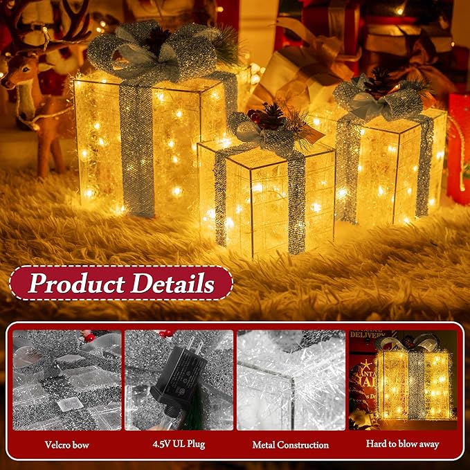 Christmas Decorations, Set of 3 Christmas Lighted Gift Boxes, Pre-lit 60 LED Light Up Present Boxes Warm White Xmas Ornaments for Indoor Outdoor Yard Lawn Home Decor (Silver Bow)