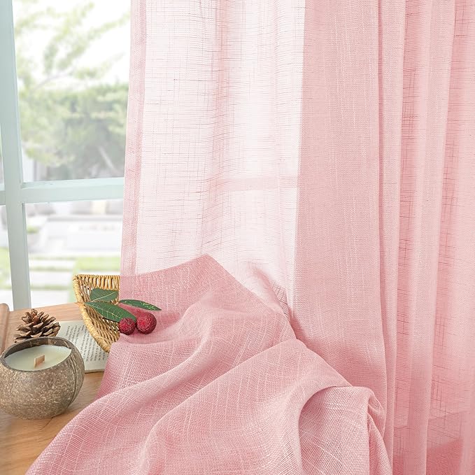 YoungsTex Light Pink Linen Curtains 63 Inch Length for Living Room Window, Semi Sheer Drapes Textured Light Filtering with Rod Pocket Back Tab for Bedroom, 2 Panels, 42 X 63 Inch