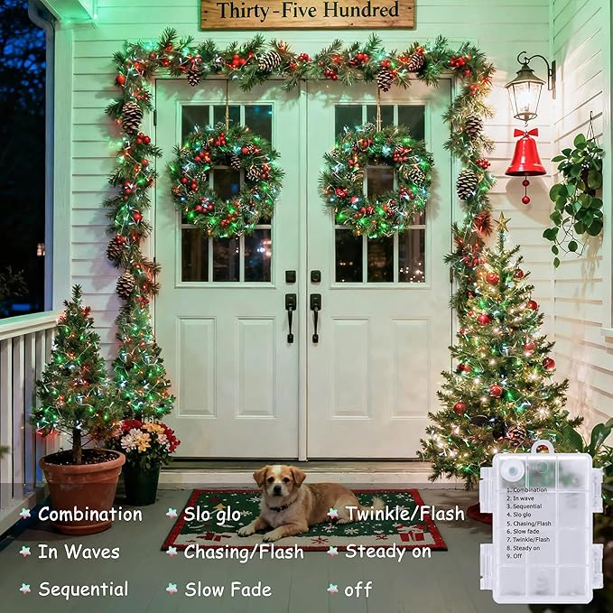 JMEXSUSS 2 Pack Red White and Green Christmas Lights Battery Operated, Each 33ft 100 LED Battery String Lights with Remote, Christmas String Lights for Tree Bedroom Porch Garland Yard Xms Decor