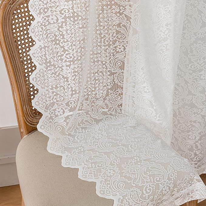 White Lace Sheer Curtains – Vintage Floral Lace for Living Room/Bedroom, Light Filtering Rod Pocket Window Drapes Privacy Chic Window Treatments Scalloped Edge, 52W x 108L Inch, 2-Panel Set
