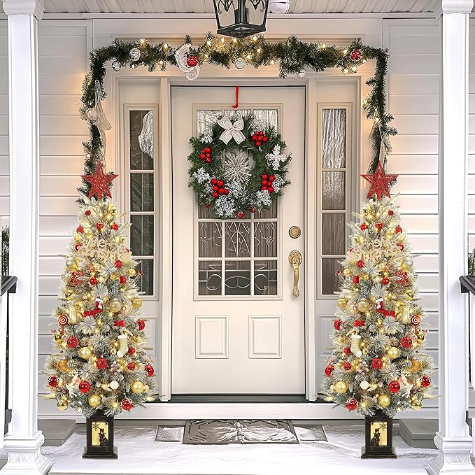 GarveeHome 4.5ft Pre-Lit Flocked Artificial Christmas Tree with Pine Cones, Artificial Xmas Tree w/ 386 Branch Tips & 200 Lights, Snowman Base for Home, Party Decoration,2 PCS