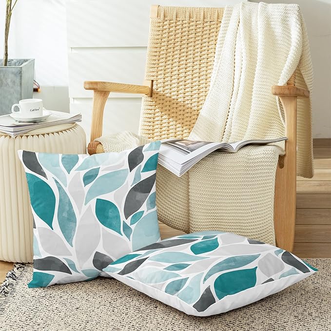 CaliTime Throw Pillow Cases Pack of 2 Cozy Fleece Falling Dahlia Floral Flowers Petals Decorative Cushion Covers for Couch Bed Sofa Farmhouse Decoration 18 X 18 Inches Teal Green Grey