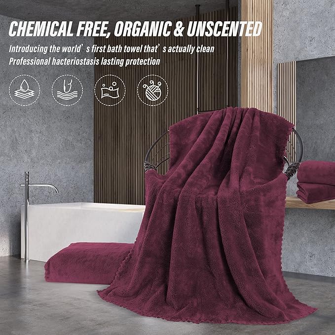 MOONQUEEN 2 Pack Premium Bath Towel Set - Quick Drying - Microfiber Coral Velvet Highly Absorbent Towels - Multipurpose Use as Bath Fitness, Bathroom, Shower, Sports, Yoga Towel (Burgundy)