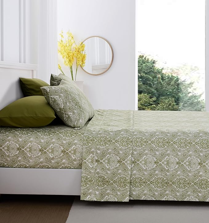 Spirit Linen home Twin Size Bed Sheets Set Deep Pockets - 6PC Paisley Ultra Soft Microfiber Bed Sheets - Easy to Clean, 90 Thread Count Sheets with Fitted Sheet, Flat Sheet & Pillowcases (Fern Green)