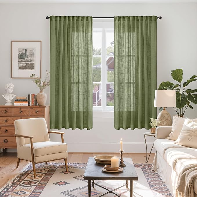 YoungsTex Olive Green Linen Curtains 63 Inch Length for Living Room 2 Panels, Semi Sheer Window Drapes Light Filtering Rustic Textured with Rod Pocket Back Tab for Bedroom, 52 X 63 Inch