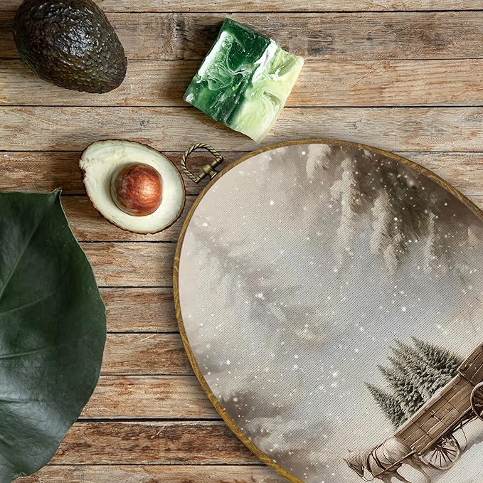 QZQE Vintage Christmas Winter Forest Oval Wall Art Decor Framed, Winter Landscape Pine Trees Carriage Oval Canvas Prints, Cozy Rustic Wall Hanging Decor for Home Bedroom Living Room, 8.6x11.4 Inch