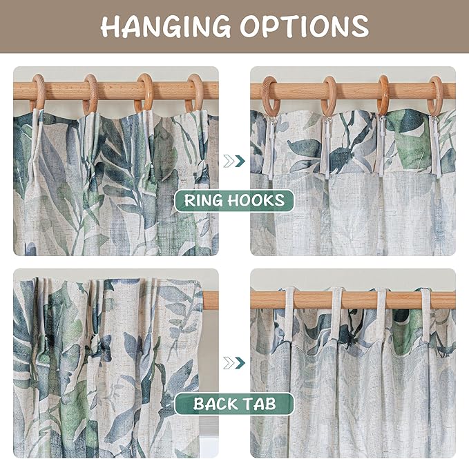 MYSKY HOME Pinch Pleated Curtains 63 inches Long Floral Linen Curtains for Living Room Light Filtering Curtains Privacy Protect Printed Drape Window Treatments 2 Panel, Sage and Natural