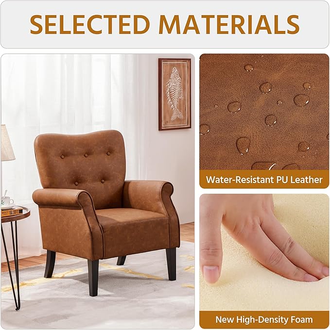Yaheetech Modern Armchair, Mid Century PU Leather Accent Chair with Sturdy Wood Legs and High Back for Small Space, Upholstered Sofa Club Chair for Living Room/Bedroom, Set of 2, Retro Brown