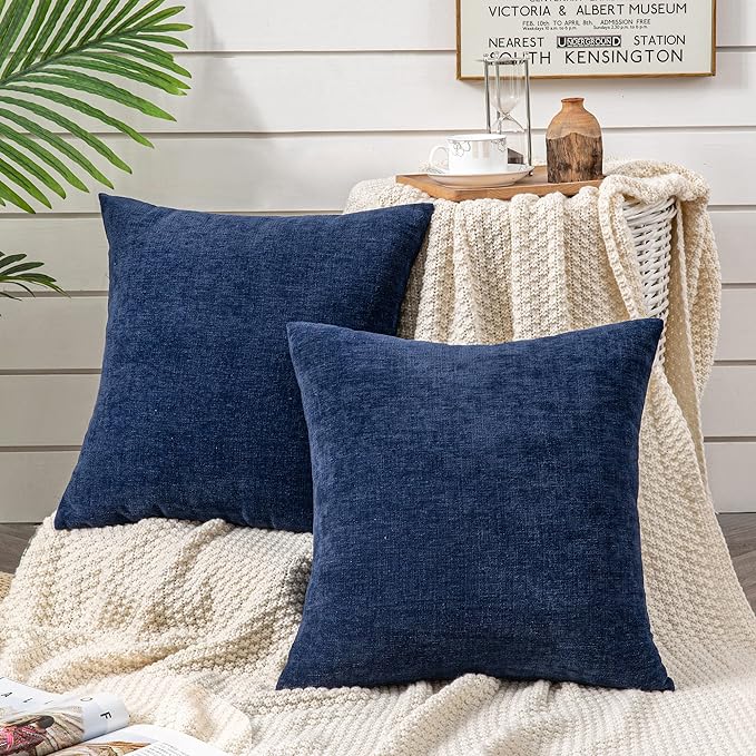 GAWAMAY Decorative Chenille Throw Pillow Covers 24x24 Inch Pack of 2, Soft Square Couch Pillow Cover for Sofa Cushion Living Room Bedroom Solid Dyed Pillowcases Navy Blue 60x60cm (ONLY Covers)