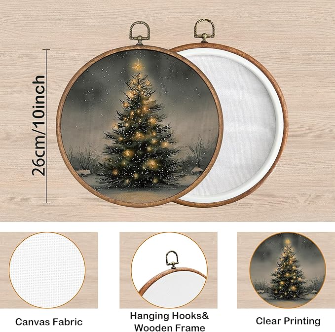 KSDUT Vintage Christmas Wall Decor Art - Retro Christmas Tree Wall Art Canvas Frame Hanging Prints, Merry Xmas Holiday Round Wall Art Decor for Home Farmhouse Decorations 10"x10"