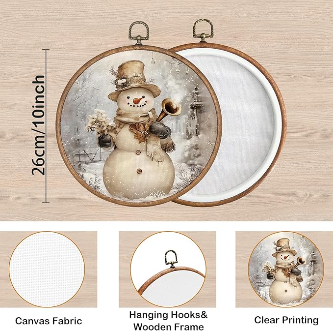 KSDUT Vintage Snowman Wall Decor Art - Retro Christmas Winter Wall Art Canvas Frame Hanging Prints, Merry Xmas Holiday Round Wall Art Decor for Farmhouse Home Decorations 10"x10"