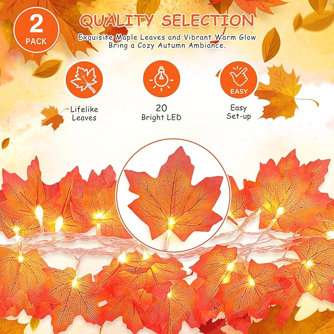 2 Pack Fall Decorations for Home,Fall Lights Battery Operated,Total 20FT 40 Led Maple Leaf Garland with Lights String for Halloween Thanksgiving Autumn Harvest Friendsgiving Indoor Outdoor