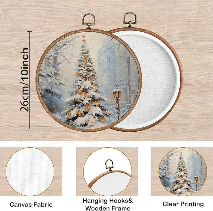 KSDUT Vintage Christmas Wall Decor Art - Retro Snow Christmas Tree Wall Art Canvas Frame Hanging Prints, Merry Xmas Holiday Round Wall Art Decor for Home Farmhouse Decorations 10"x10"